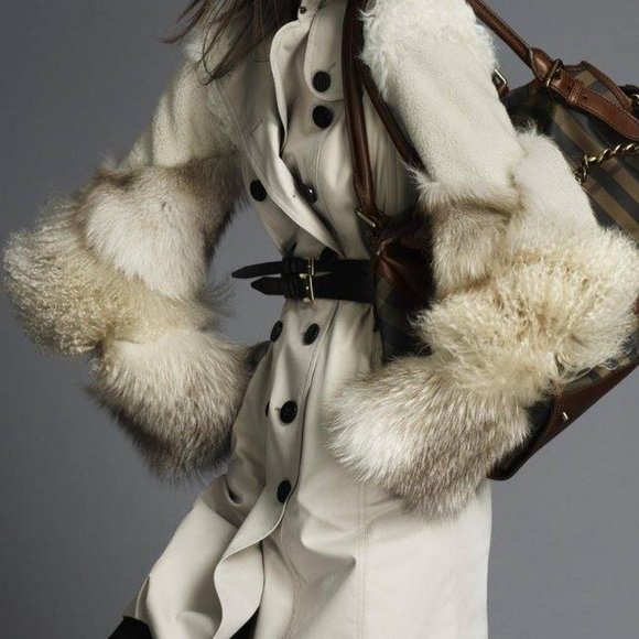 5K Burberry London runway aviator trench coat fox lamb fur quilted plaid US 2 4 - Picture 3 of 17